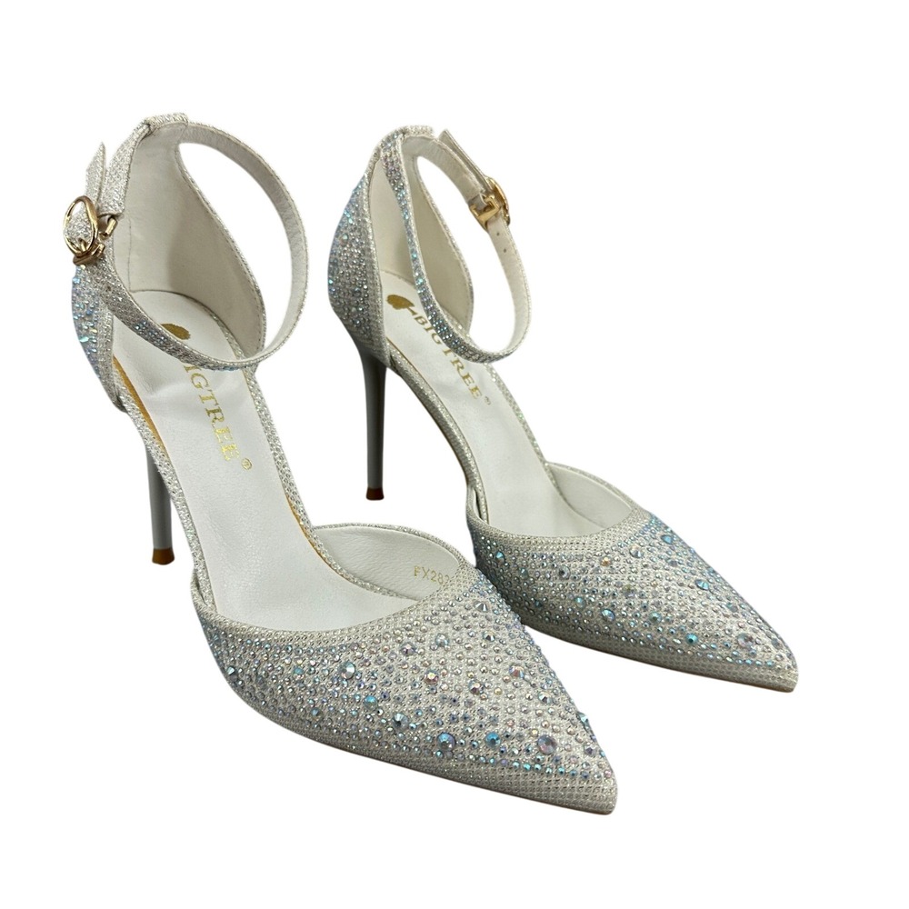 Bigtree Silver White Rhinestone Pointed Stiletto Size 35/4.5 Wedding Shoes‎